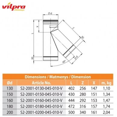 Nerūdijančio plieno dūmtraukio įdėklo trišakis SW DN 160 mm, 45° 2