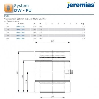 Nerūdijančio plieno izoliuotas dūmtraukis Jeremias DW51 DN 130 mm, L-0,25 m su drenažu 3