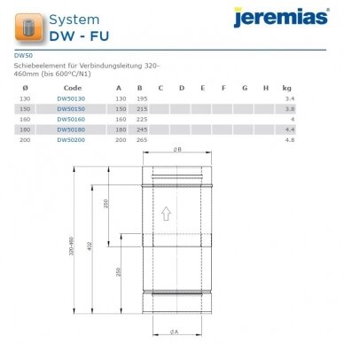 Nerūdijančio plieno izoliuotas dūmtraukis teleskopas Jeremias DW50 DN 130 mm, L-320-420 mm 3