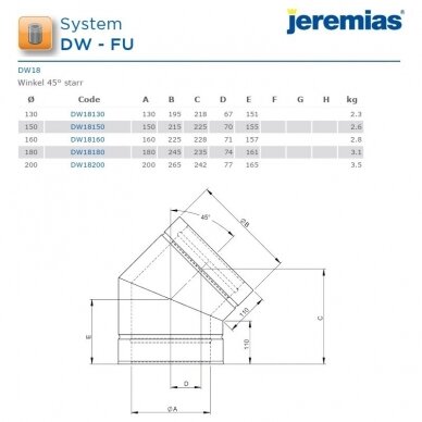 Nerūdijančio plieno izoliuoto dūmtraukio alkūnė Jeremias DW18 DN 130 mm, 45° 2