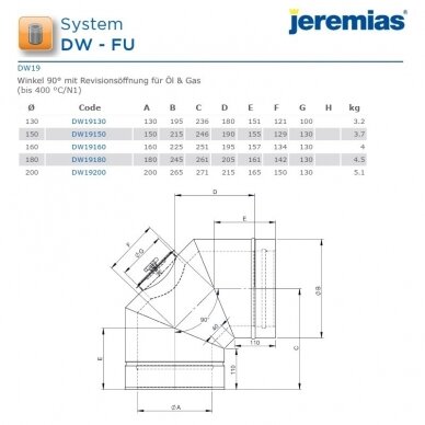 Nerūdijančio plieno izoliuoto dūmtraukio alkūnė Jeremias DW19 DN 130 mm, 90° su pravala 2