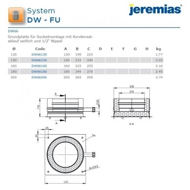 Nerūdijančio plieno izoliuoto dūmtraukio atraminė plokštė Jeremias DW66 DN 130 mm su kondensato surinkėju 2