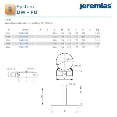 Nerūdijančio plieno izoliuoto dūmtraukio laikiklis Jeremias DW22 DN 130 mm, atstumui nuo sienos 100-150 mm 2