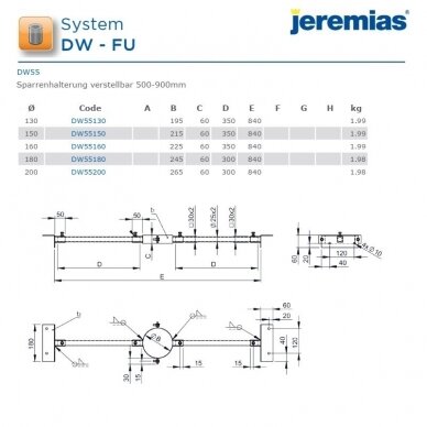 Nerūdijančio plieno izoliuoto dūmtraukio laikiklis tarp gegnių Jeremias DW55 DN 130 mm 2