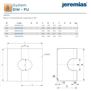 Nerūdijančio plieno izoliuoto dūmtraukio rozetė apdailai nuožulnioms 0-30° luboms Jeremias DW99V DN 150 mm  2