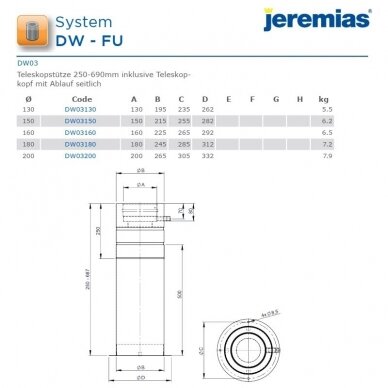 Nerūdijančio plieno izoliuoto dūmtraukio teleskopinė atraminė plokštė Jeremias DW03 DN 150 mm, L-60-520 mm su kondensato surinkėju  2